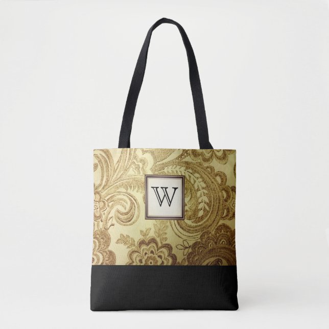 Gold Damask with Black Monogram Tote Bag (Front)