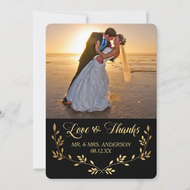 Gold Damask Wreath Photo Wedding Thank You (Front)