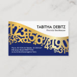 Gold Dancing Numbers Wave Business Card<br><div class="desc">A white and blue layered cover is demarcated by a numbers gold wave, a simple negative space design using numbers. Over at the top lies your prestigious name and job title with the contact details near the base of the card. Overleaf, in a white cover, at the top is the...</div>