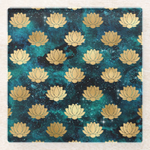 Gold & Dark Green Galaxy Dharma Mandala Pattern Glass Coaster