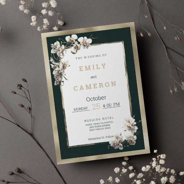 Gold dark green white elegant orchid Wedding  Invitation (Gold dark green white elegant orchid Wedding )