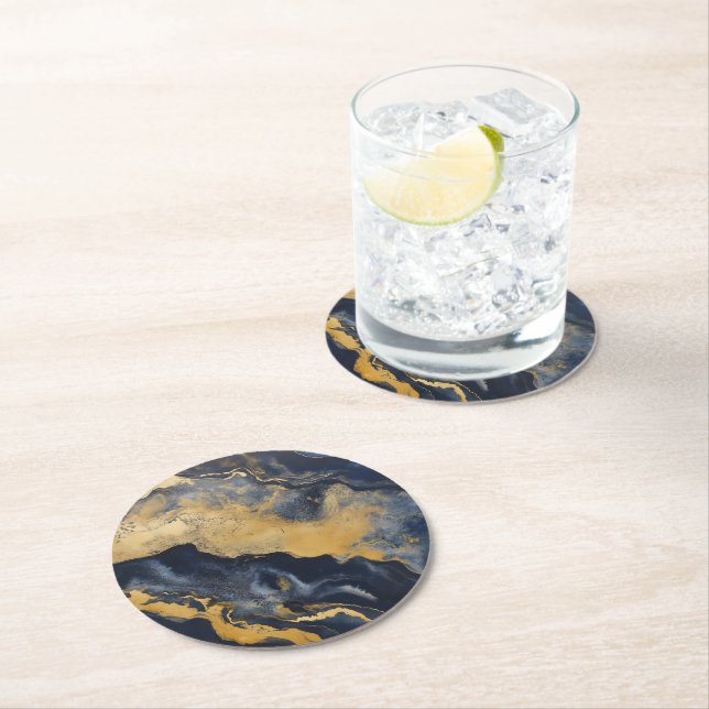 Gold Dark Marble Pattern Round Paper Coaster (Insitu)