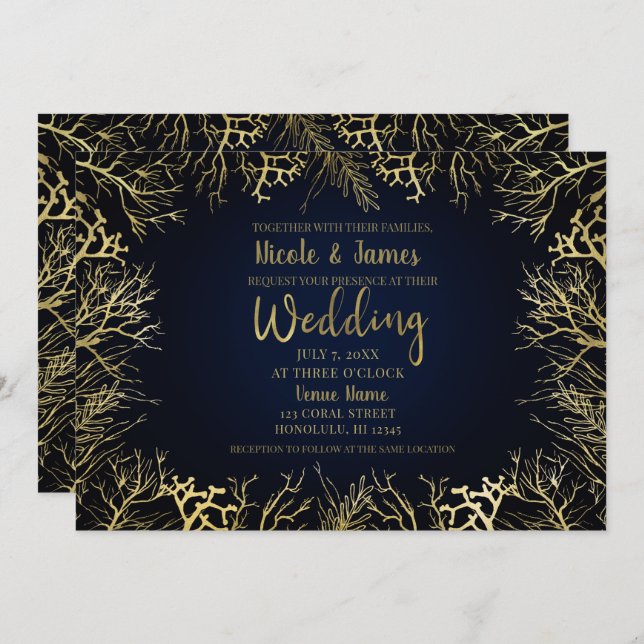 Gold & Dark Navy Blue Elegant Coral Wedding Invitation (Front/Back)