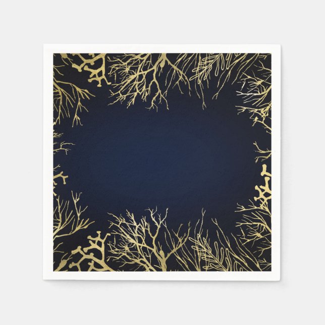 Gold & Dark Navy Blue Elegant Coral Wedding Napkin (Front)
