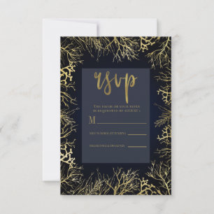 Gold & Dark Navy Blue Elegant Coral Wedding RSVP Card