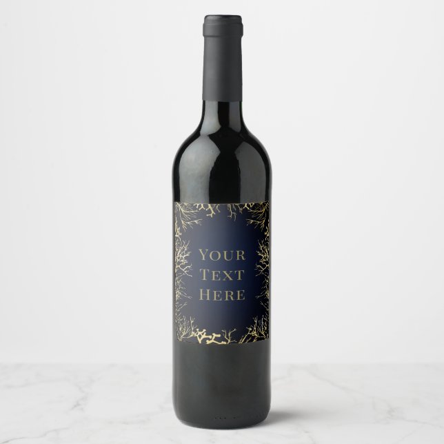 Gold & Dark Navy Blue Elegant Coral Wedding Wine Label (Front)