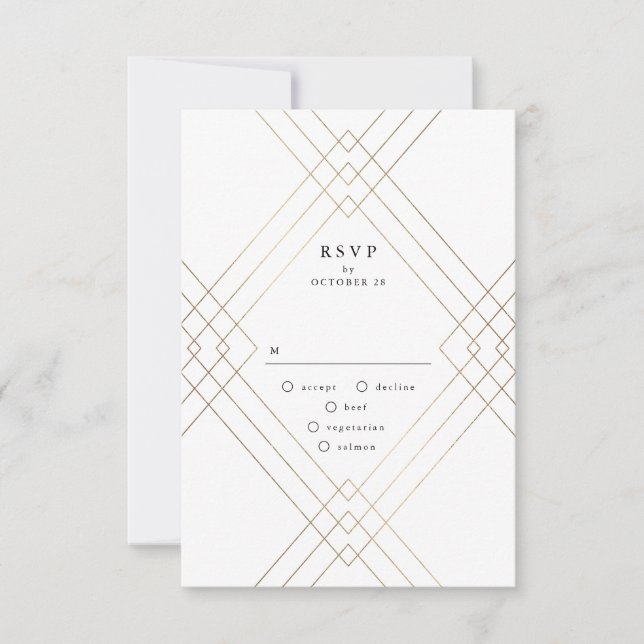 Gold Dark Navy Elegance Diamond Geo Deco Wedding RSVP Card (Front)