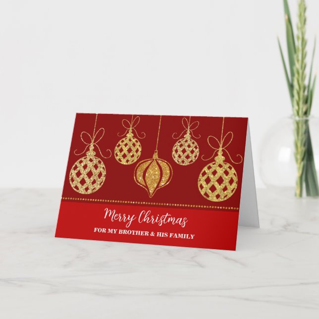 Gold Decorations Brother & Family Merry Christmas Card (Front)