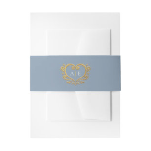Gold decorative heart monogram blue grey wedding invitation belly band