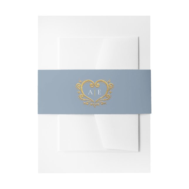 Gold decorative heart monogram blue grey wedding invitation belly band (Front Example)