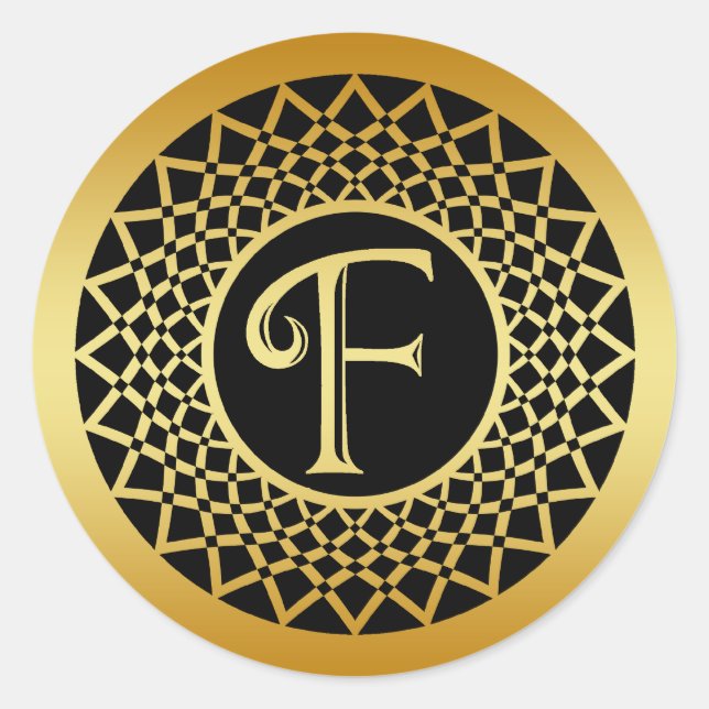 GOLD DECORATIVE MONOGRAM LETTER F CLASSIC ROUND STICKER (Front)