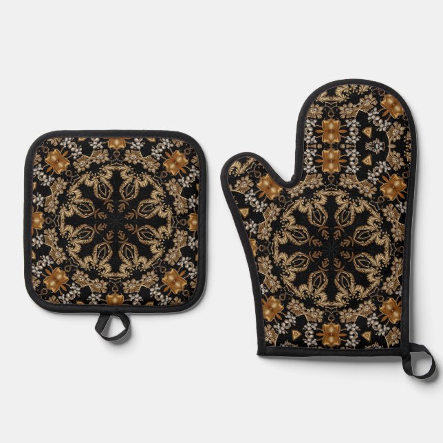 Gold Decorative Oven Mitt & Pot Holder Set (Front)