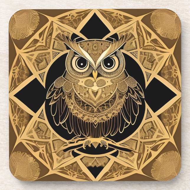 Gold Decorative Owl Mandala Design Coaster (Front)