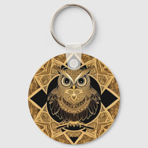 Gold Decorative Owl Mandala Design Keychain