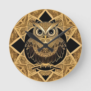 Gold Decorative Owl Mandala Design Round Clock