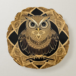 Gold Decorative Owl Mandala Design Round Pillow