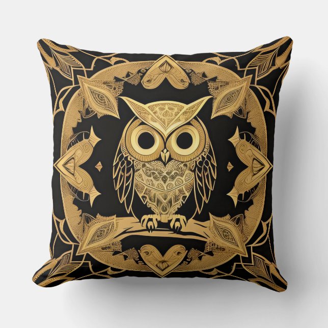Gold Decorative Owl Mandala Design Throw Pillow (Front)
