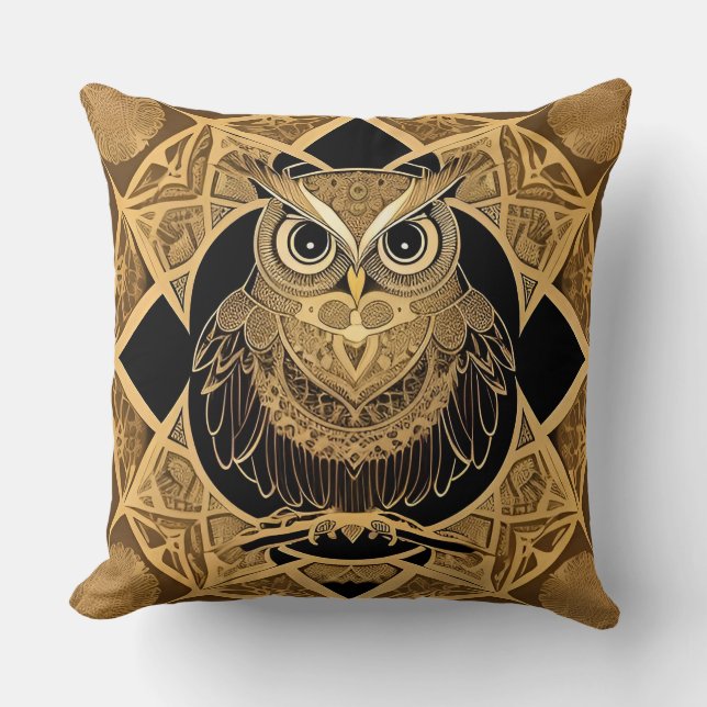 Gold Decorative Owl Mandala Design Throw Pillow (Front)