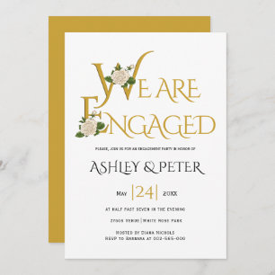 Gold decorative typography, rose engagement party invitation