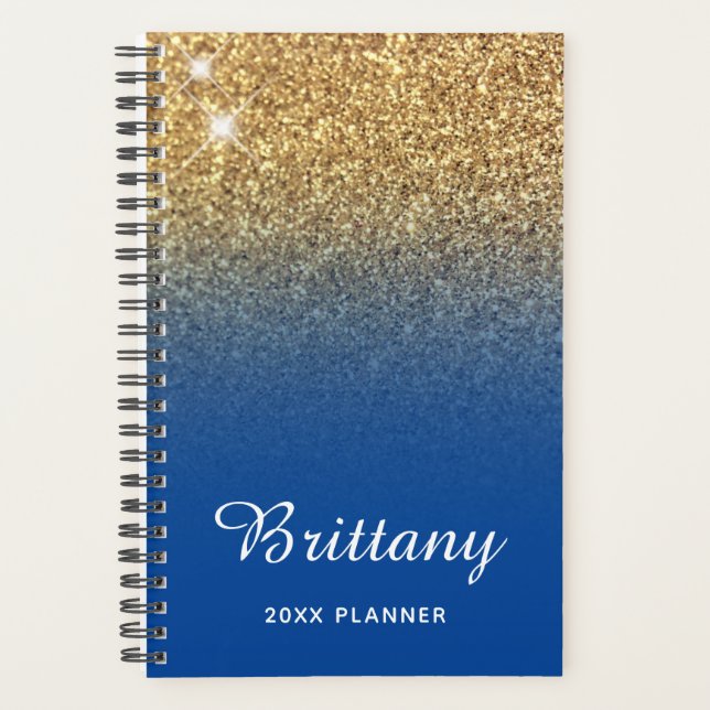 Gold Deep Blue Glitter Ombre Personalized Planner (Front)