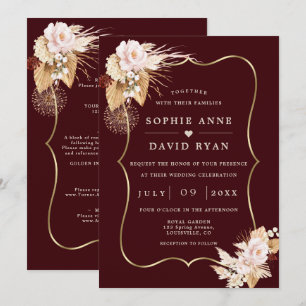 Gold Deep Burgundy Floral Fall All In One Wedding Invitation