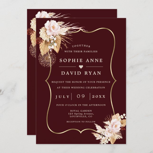 Gold Deep Burgundy Floral Fall All In One Wedding Invitation (Front/Back)