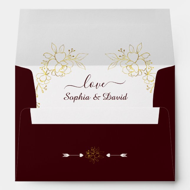 Gold Deep Burgundy Floral Wedding Return Address  Envelope (Back (Bottom))