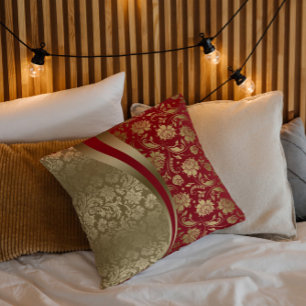Gold & Deep Red Floral Damask Modern Design Outdoor Pillow