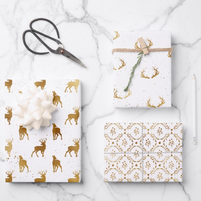 Gold Deer Antler Holiday Wrapping Paper Sheet (Front)