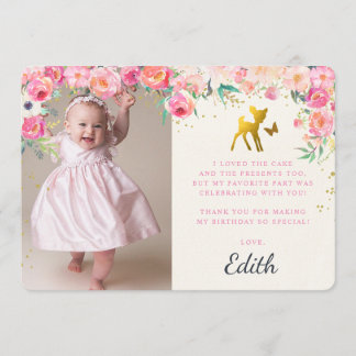 Gold Deer & Floral Photo Thank You card