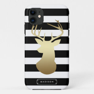 Gold Deer Head Black & White Stripes Personalized iPhone 11 Case