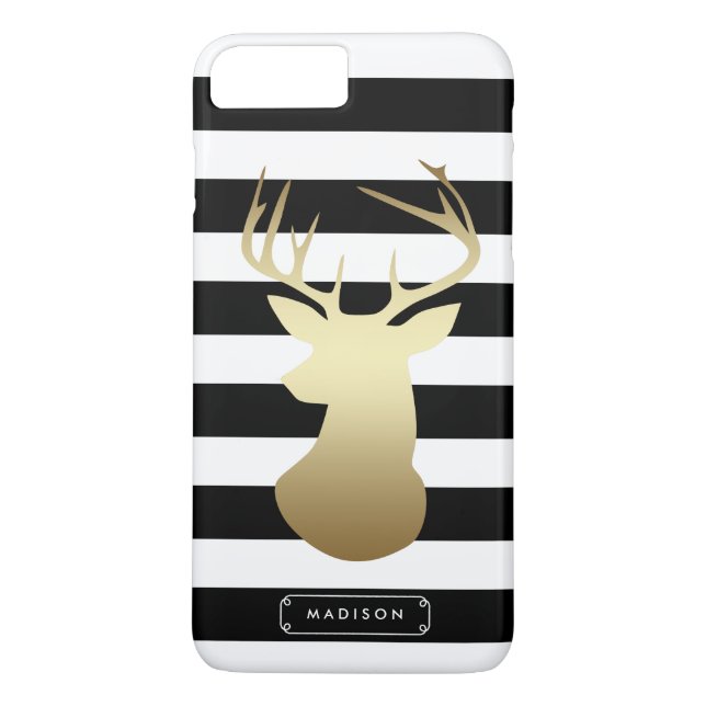 Gold Deer Head Black & White Stripes Personalized Case-Mate iPhone Case (Back)