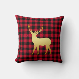 Gold Deer in Red Plaid Rustic Christmas Throw Pillow