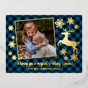 Gold Deer & Snowflakes On Blue Black Plaid Pattern Foil Holiday Postcard