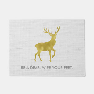 Gold Deer Stag on Rustic Grey Linen Wipe Your Feet Doormat