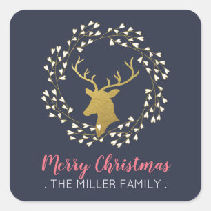 Gold Deer & Wreath   Christmas Holiday Sticker