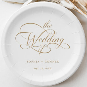 Gold Delicate Elegant Script Wedding Paper Plate