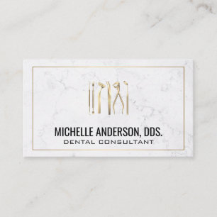 Gold Dental Tools Marble and Gold Border Business Card