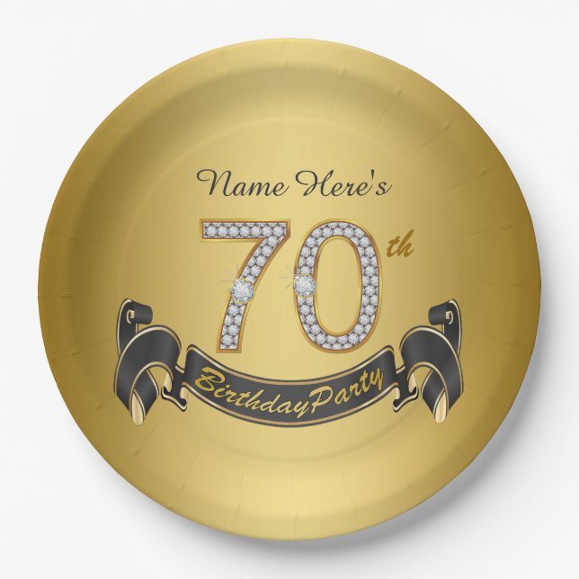 Gold Diamond 70th Birthday Party Paper Plate (Front)