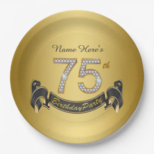 Gold Diamond 75th Birthday Party Paper Plate