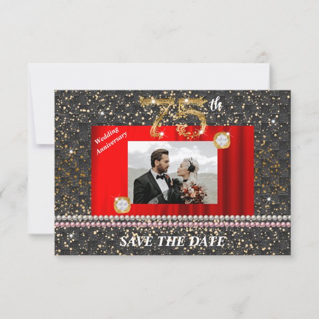Gold Diamond 75th Wedding Anniversary Black Woven Invitation (Front)
