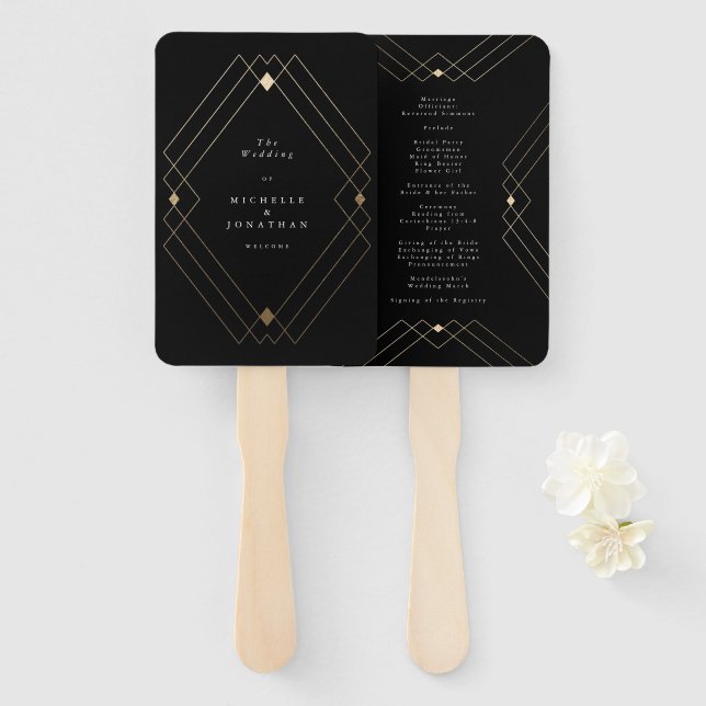 Gold Diamond Black Geometric Deco Gatsby Wedding Hand Fan (Front and Back)