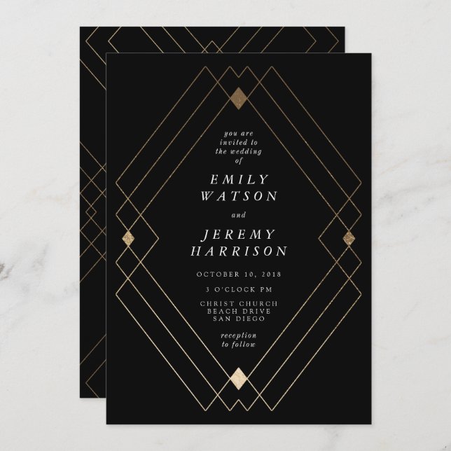 Gold Diamond Black Geometric Deco Gatsby Wedding Invitation (Front/Back)