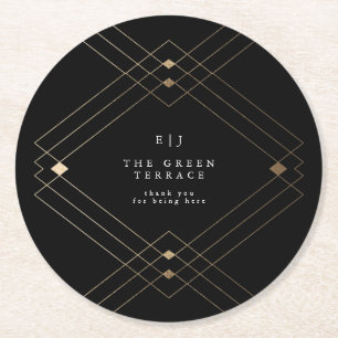 Gold Diamond Black Geometric Deco Gatsby Wedding Round Paper Coaster