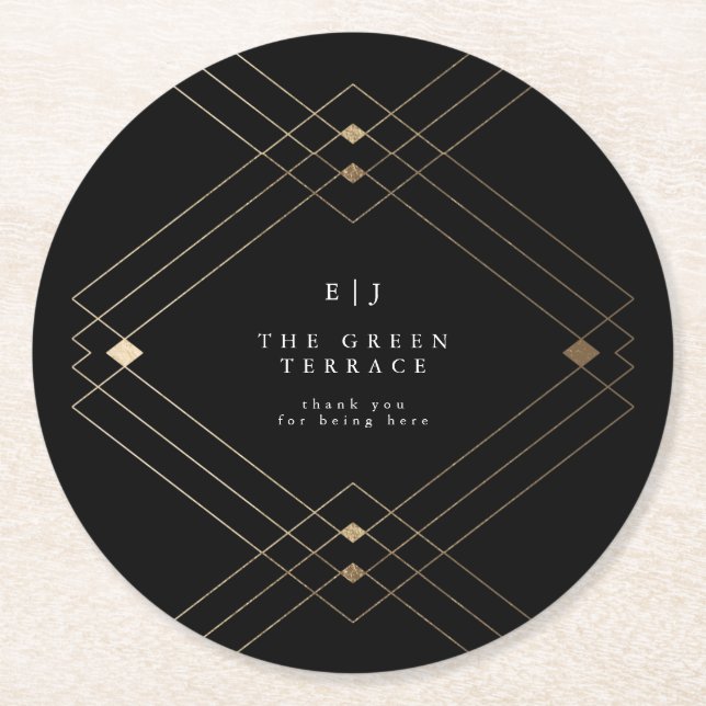 Gold Diamond Black Geometric Deco Gatsby Wedding Round Paper Coaster (Front)