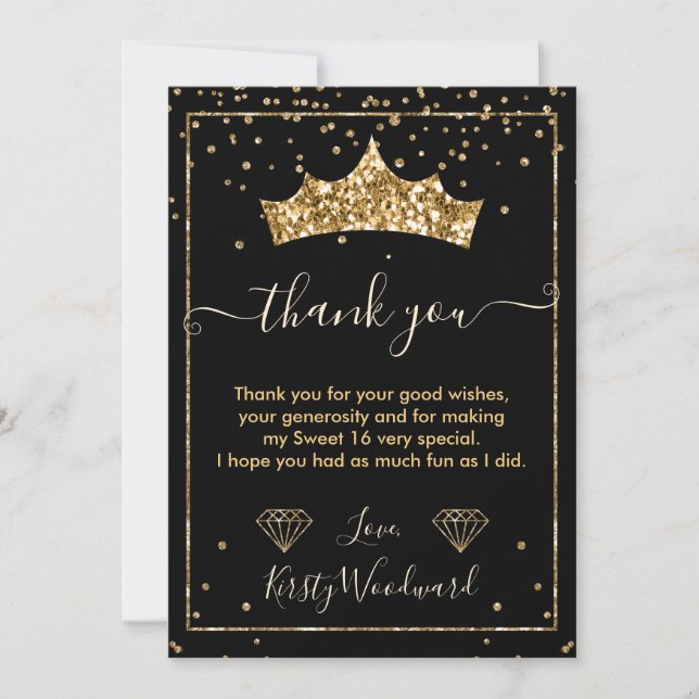 Gold Diamond Confetti Tiara Sweet 16 Thank You Card (Front)