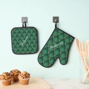 Gold Diamond Dark Emerald Green Custom Name Oven Mitt & Pot Holder Set