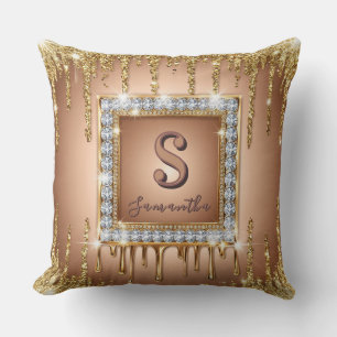 Gold Diamond Frame Monogram Square Glitter Throw Pillow