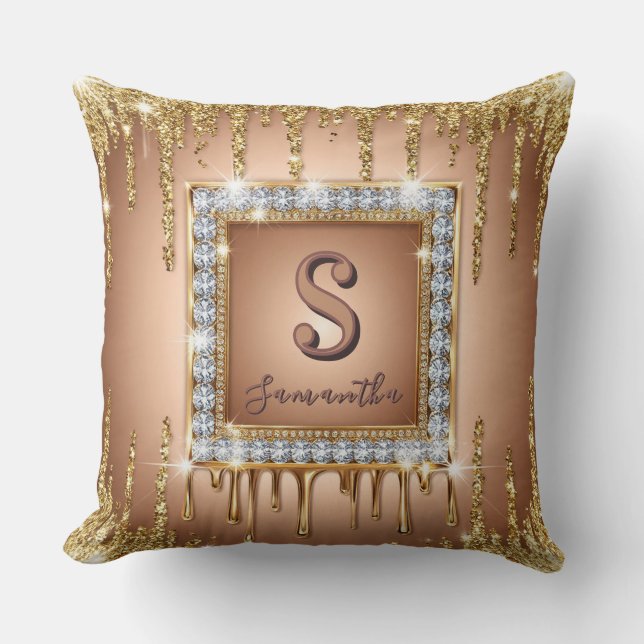 Gold Diamond Frame Monogram Square Glitter Throw Pillow (Front)