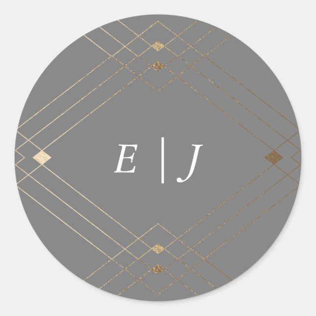 Gold Diamond Grey Geometric Deco Gatsby Wedding Classic Round Sticker (Front)